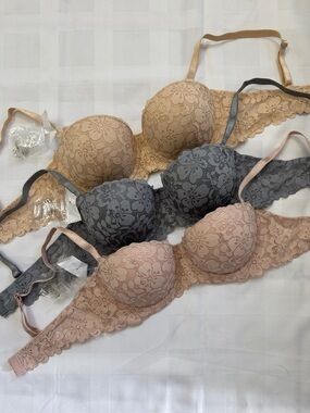 SHEIN Lace Padded Strapless Bras Set in Beige, Gray, Blush. Clear Straps